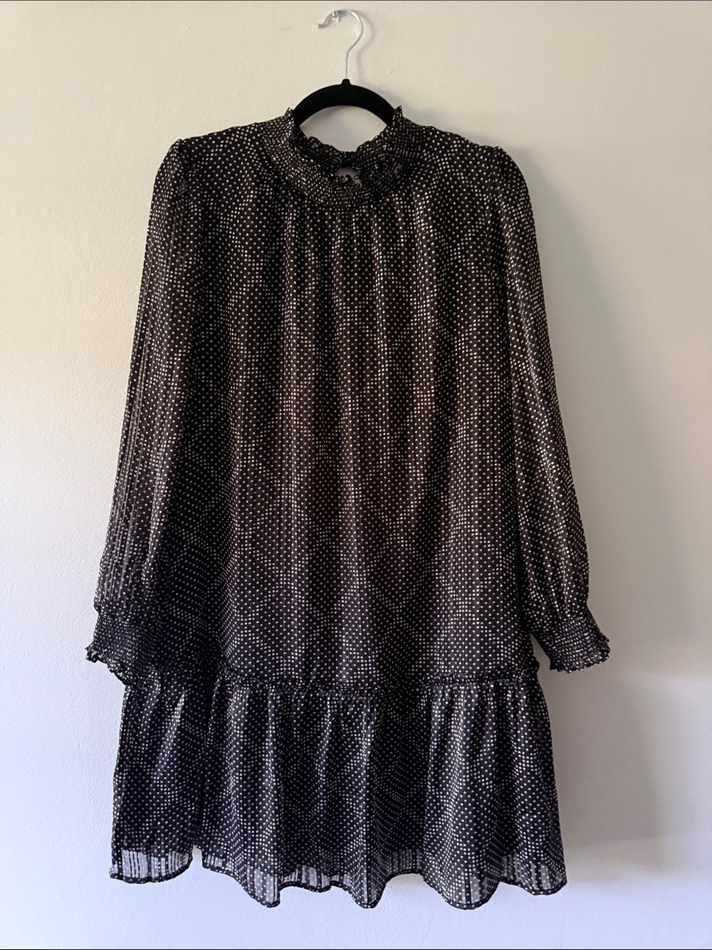 J. Crew Black and White Polka Dot Long Sleeve Tiered Dress